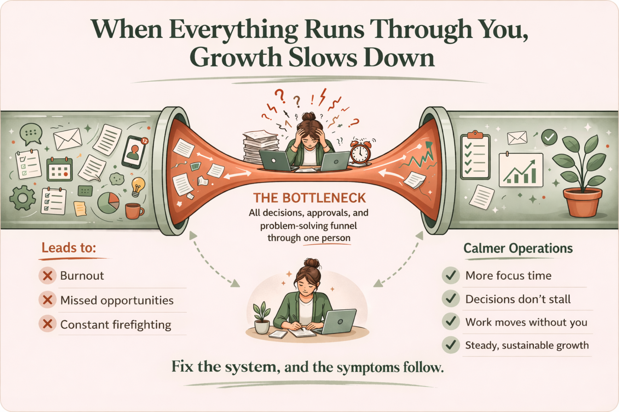 Illustration showing a founder bottleneck: decisions and approvals funnel through one person, creating burnout and missed opportunities, while calmer operations create more focus time and steadier growth.