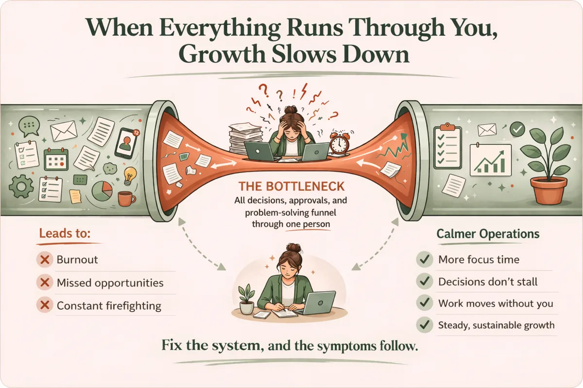 Visual showing how growth slows when decisions, handoffs, and communication route through one owner