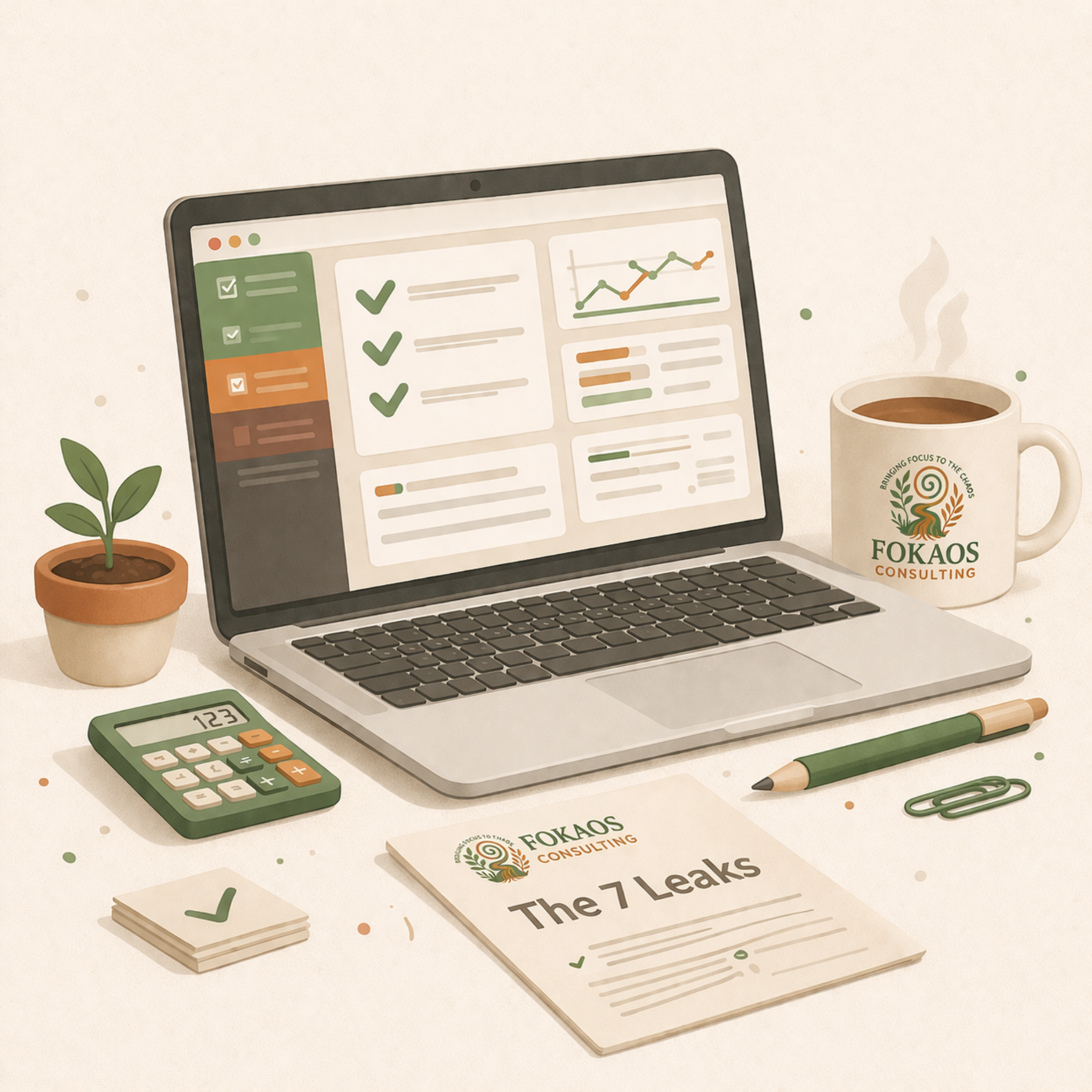 Illustration of a laptop workspace with Fokaos resources including The 7 Leaks, representing practical diagnostic tools for calmer operations.